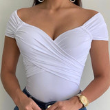 Sexy Tight White Short Sleeve V-Neck Cross Bodysuits