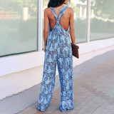 Boho Print V-neck Cross Backless Wide Leg Jumpsuit