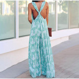 Boho Print V-neck Cross Backless Wide Leg Jumpsuit