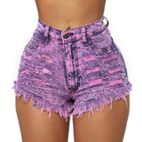 Sexy High Waist Purple Tassel Bandage Short Denim