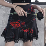 printed lace Rose Floral Skull zipper punk style sexy mini short Skirt