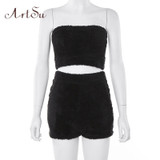 Two Piece Set Fleece Strapless Crop Top & Boho Bohemian Shorts