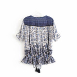 Vintage Chic floral printed v-neck short sleeve loose Bohemian Blouse Shirts