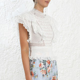 White Ruffles Lace Stand Collar Short Sleeve Sexy Bohemian Blouse Shirts