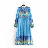 Vintage chic elegant lace-up tassel floral print Boho Bohemian Dress
