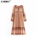 Vintage chic elegant lace-up tassel floral print Boho Bohemian Dress