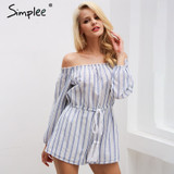 Sexy off shoulder blue striped Casual Rompers