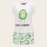 Cartoon Avocado Print Tee And Shorts Set Stretch Sleepwear