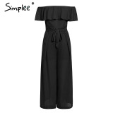 Elegant off shoulder ruffles sashes chiffon black jumpsuit