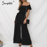 Elegant off shoulder ruffles sashes chiffon black jumpsuit