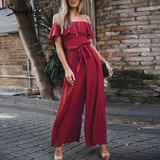 Elegant off shoulder ruffles sashes chiffon black jumpsuit