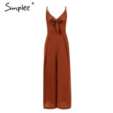 Bow tie adjustable Elegant solid Chic wide leg casual sexy jumpsuit