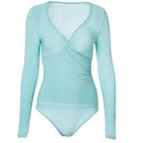 reflective cross sexy long sleeve V-neck solid Bodysuits