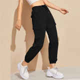Black Flap Pocket Drawstring Waist Long Carrot Cropped Pants