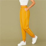 Bright Yellow Drawstring Waist Contrast Piping Carrot Pants