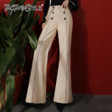 Elegant High Waist Double Breasted Pocket Wide Leg Pants