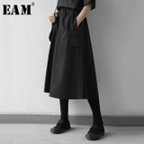 High Elastic Waist Black Pocket Split Temperament  Half-body Skirt