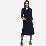 Navy Rolled Tab Sleeve Double Breasted Belted Longline Trench Coat
