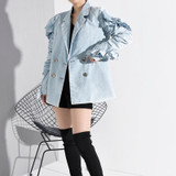 Loose Fit Blue Ruffles Split Joint Lapel Long Sleeve Denim Jackets Loose Fit Blue Ruffles Split Joint Lapel Long Sleeve Denim Jackets