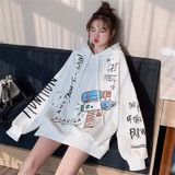White Loose Long Sleeve Cute Cartoon Print Hoodie