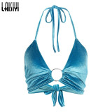 Sexy V Neck Solid Backless Velvet Halter Tank Top Camis