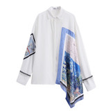 Lapel Long Sleeve White Irregular Pattern Printed Blouse