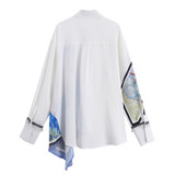 Lapel Long Sleeve White Irregular Pattern Printed Blouse
