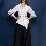 White Lapel Lantern Long Sleeve Waist Belt Irregular Personality Shirt Blouse