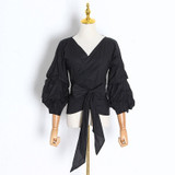 White Stripe Plaid Bowknot Shirt V Neck Puff Sleeve Casual Blouse