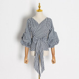 White Stripe Plaid Bowknot Shirt V Neck Puff Sleeve Casual Blouse