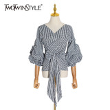 White Stripe Plaid Bowknot Shirt V Neck Puff Sleeve Casual Blouse