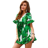 Ruffles Sleeve Trim Deep V-neck Boho Bohemian Rompers