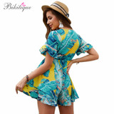 Ruffles Sleeve Trim Deep V-neck Boho Bohemian Rompers