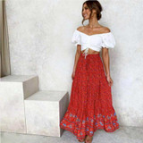 Inspired Red Floral Print Drawstring Elastic Waist cotton maxi Boho Bohemian Skirts