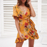 Sexy Deep V Neck Red Short Sleeve Ruffle Boho Dress Sexy Deep V Neck Red Short Sleeve Ruffle Boho Dress