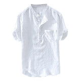 Solid Linen Pure Cotton Hemp Button Short Sleeves Shirt