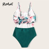 Set Exaggerated Ruffle Ruched Tropical With Ruched Bikini