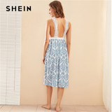 Blue Damask Print Eyelash Floral Lace Split Hem Deep V Neck Sexy Sleepwear