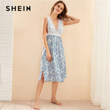 Blue Damask Print Eyelash Floral Lace Split Hem Deep V Neck Sexy Sleepwear