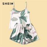 Multicolor Tropical Print Cami and Shorts Set Satin Pajama Sleepwear Multicolor Tropical Print Cami and Shorts Set Satin Pajama Sleepwear