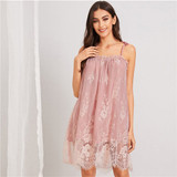 Pink Eyelash Floral Lace Sheer Cami Knot Straps Elegant Lingerie Sleeveless Sleepwear