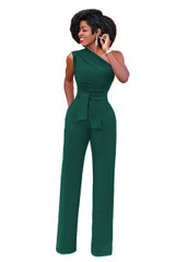 Sexy One Shoulder Sleeveless Belt Wide Leg Elegant Jumpsuits