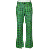 Green Checkered Straight High Waist Plaid Pants