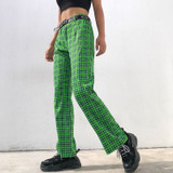 Green Checkered Straight High Waist Plaid Pants