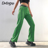 Green Checkered Straight High Waist Plaid Pants