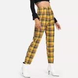 Casual Plaid High Waist Yellow Straight Pants