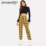Casual Plaid High Waist Yellow Straight Pants
