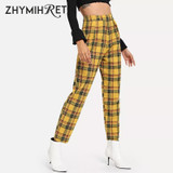 Casual Plaid High Waist Yellow Straight Pants