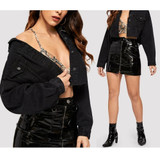 Black Drop Shoulder Long Sleeve Frayed Hem Ripped Crop Denim Jacket