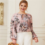 Pink Keyhole Tie Neck Lantern Sleeve Botanical Blouse